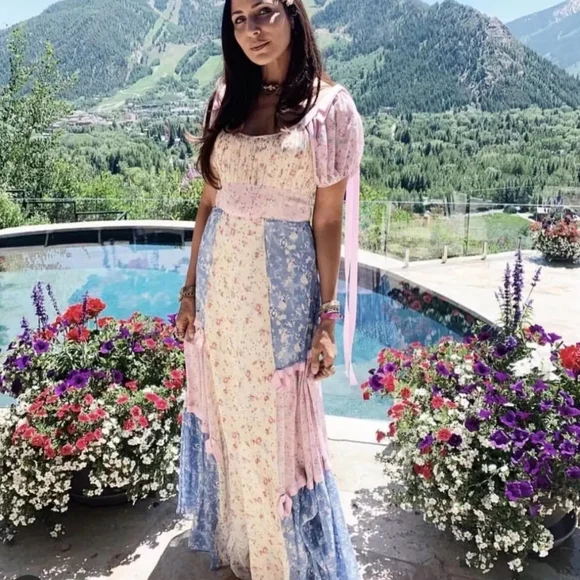 Floral Chiffon Multi-Color Square Neck Puff Sleeve Maxi Dress - Picture 13 of 16